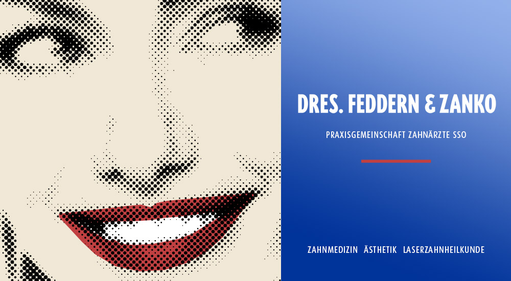 Illustration zeigt strahlendes Lächeln einer Frau und Logo Praxisgemeinschaft Dres. Feddern und Zanko